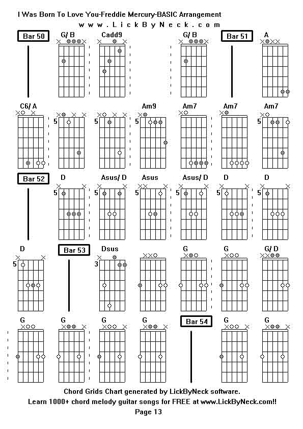 Chord Grids Chart of chord melody fingerstyle guitar song-I Was Born To Love You-Freddie Mercury-BASIC Arrangement,generated by LickByNeck software.